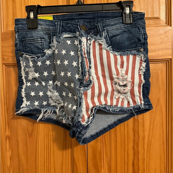 Machine Blue and Red Star Stripe Jean Shorts - Picture 1 of 3